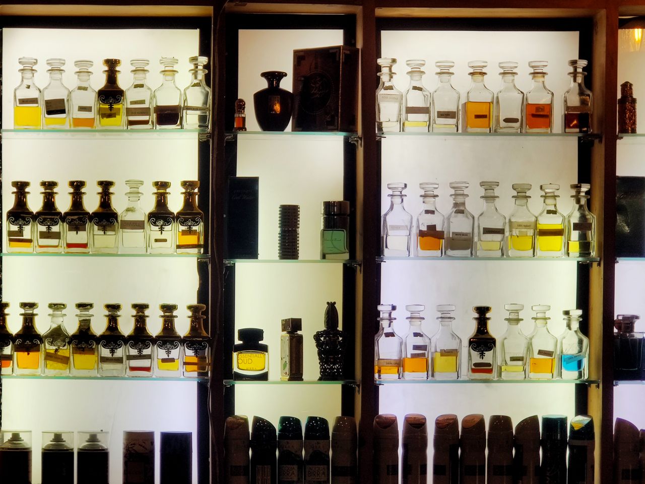Aesthetic arrangement of diverse perfume bottles on illuminated shelves showcasing luxury fragrances.